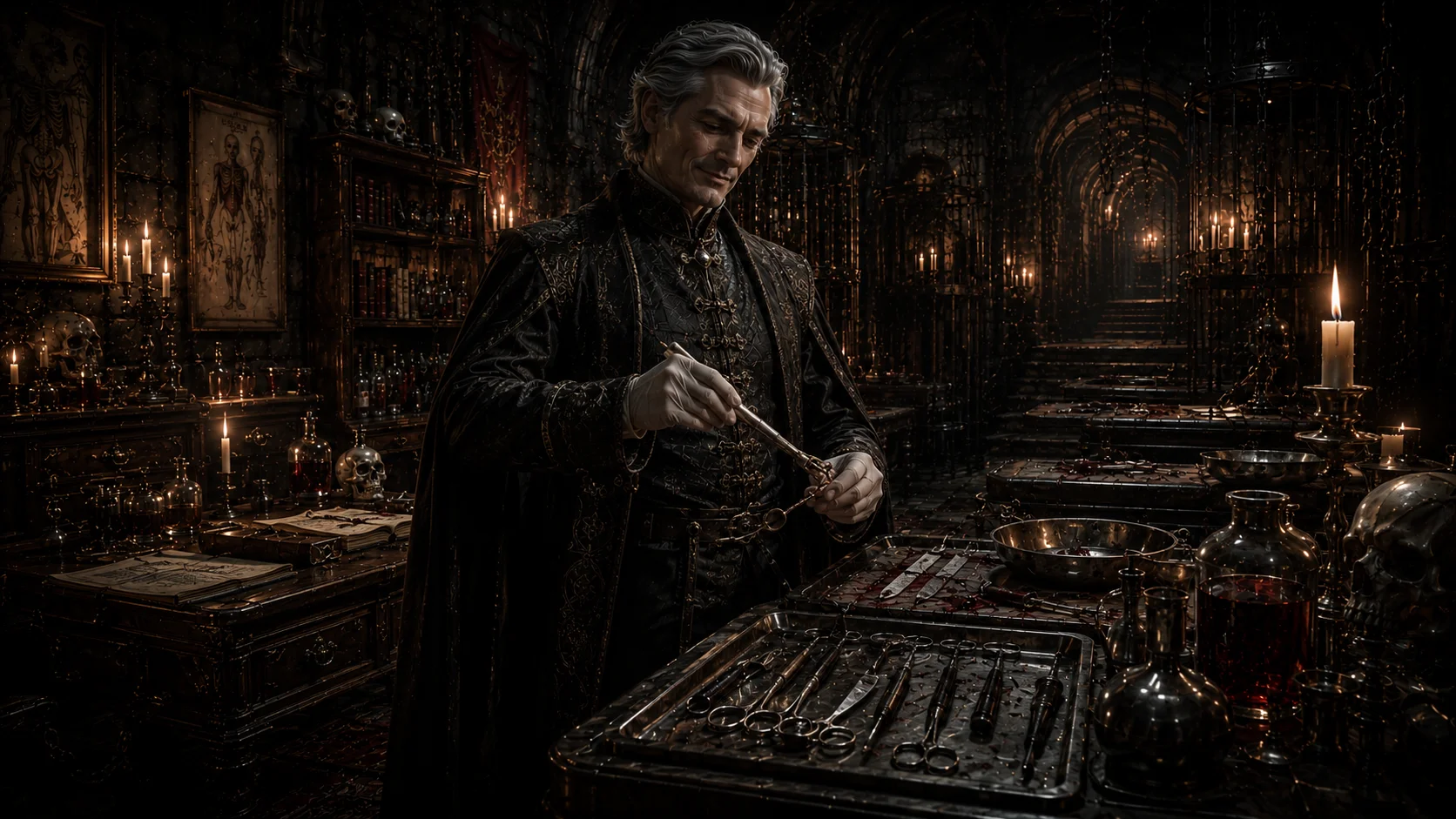 Alchemist in a candlelit workshop
